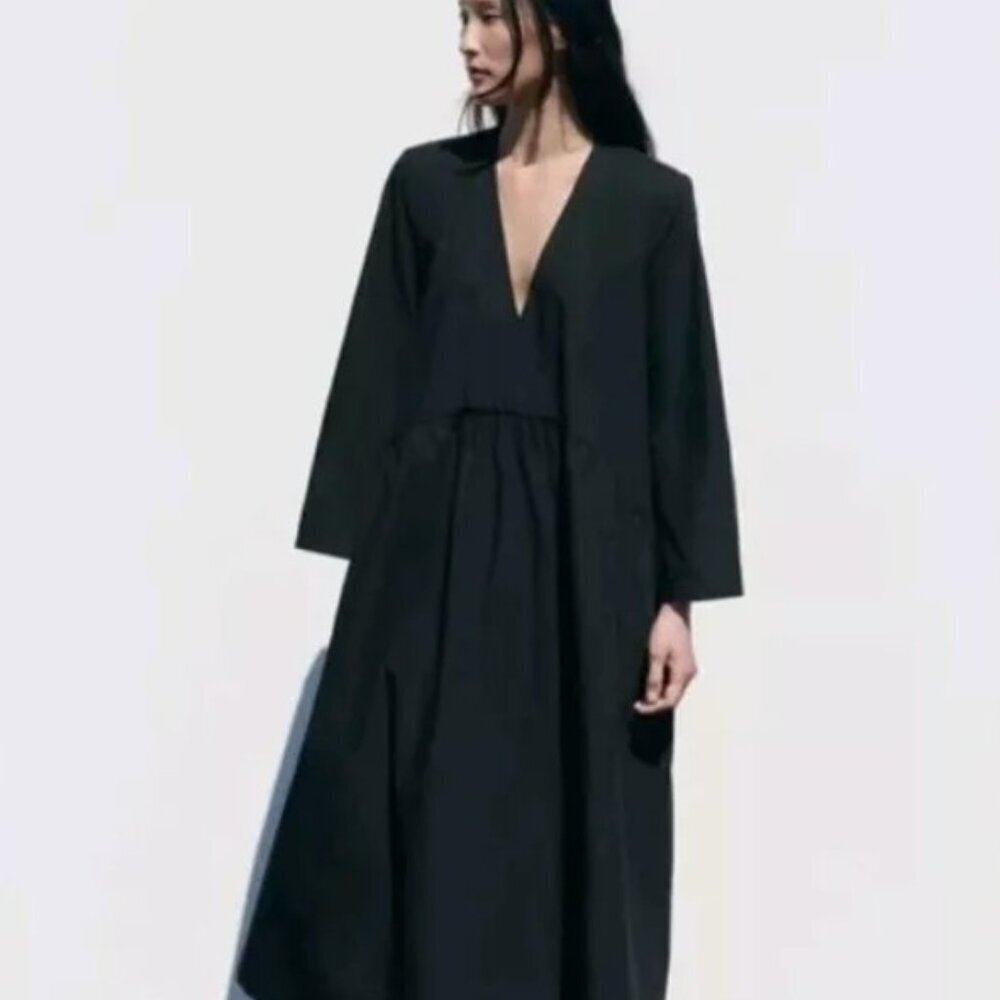 ZARA Long Black Cotton Dress 2183 043 Size S Pomplin Long Sleeve 2183/043/800